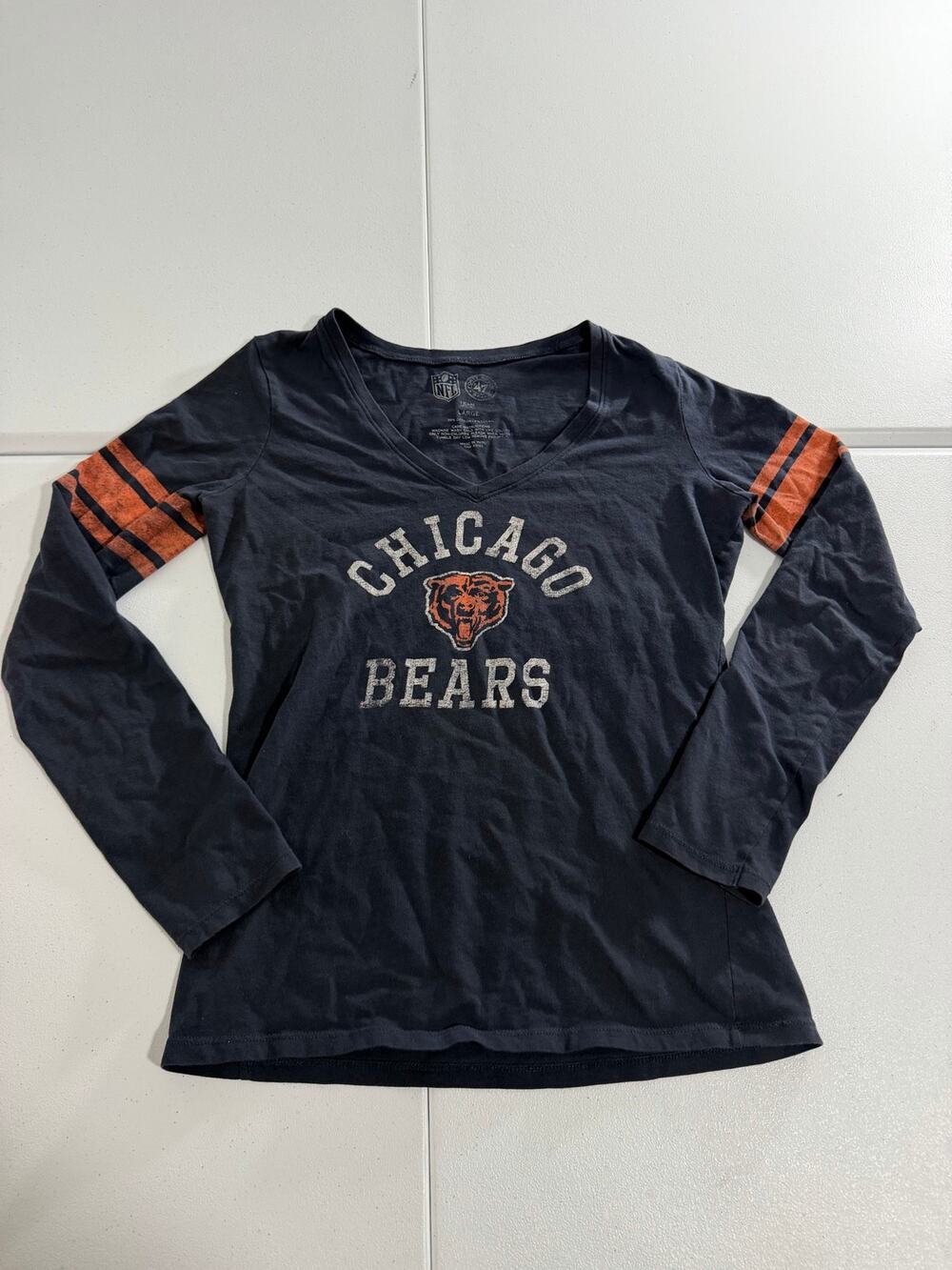 '47 Brand Chicago Bears Womens Long Sleeve V-Neck Shirt Navy Striped NFL Sz L